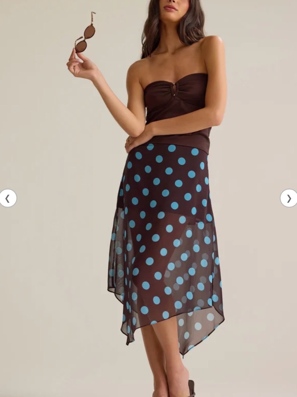 Brown Polka Dot Handkerchief Hem Skirt - Blue Dot